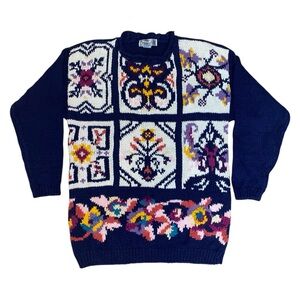 Vintage 80s 90s Blue Floral Granny Square Tile Oversized Crewneck Knit Sweater
